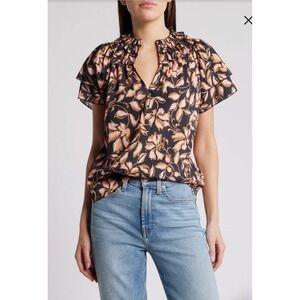 Rails Kamila Jasmine Floral Ruffle Neck Blouse Black Pink XS NWT‎